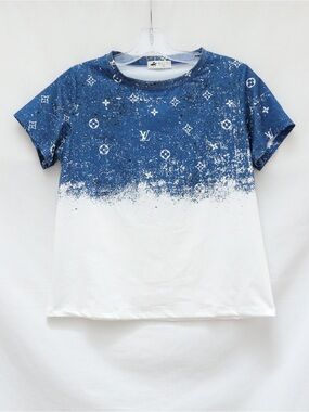 Blue designer logo t-shirt white print short sleeve women’s top